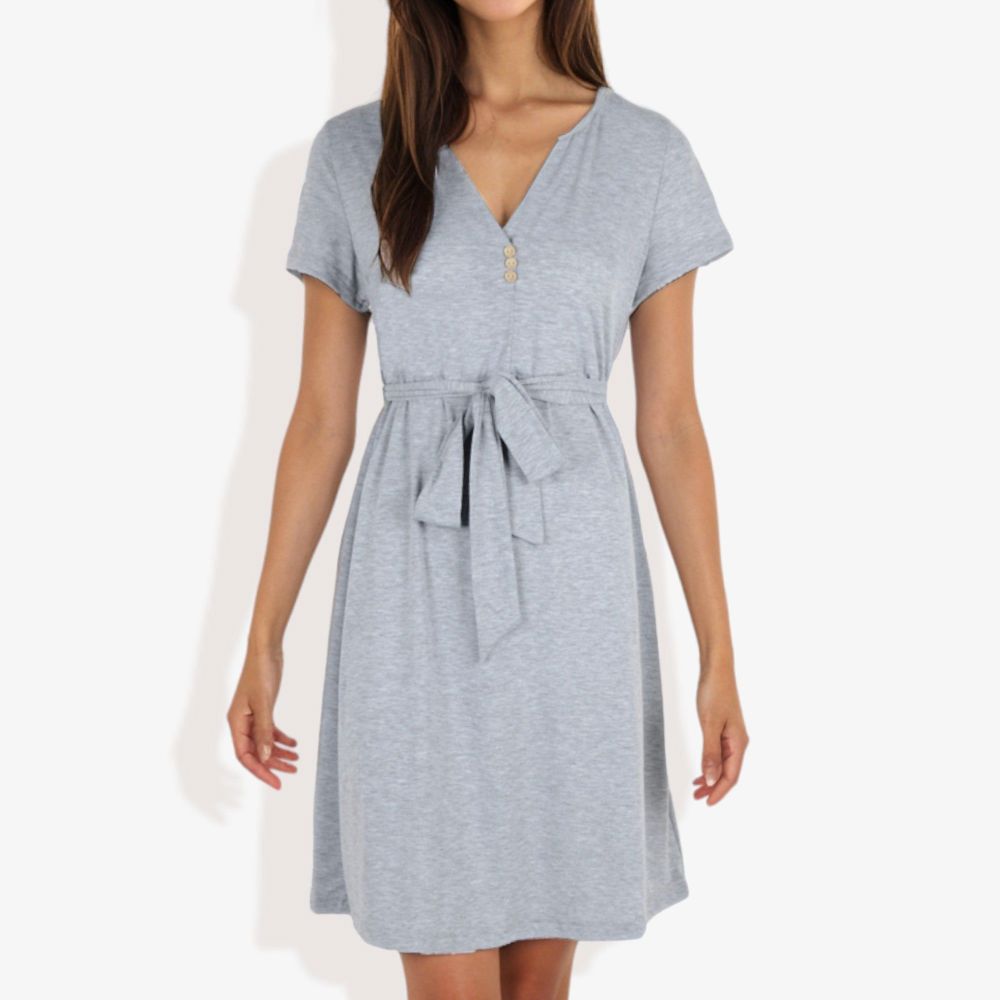 Button Detail Notched V-Neck Short Sleeve Belted Flared Tunic Dress