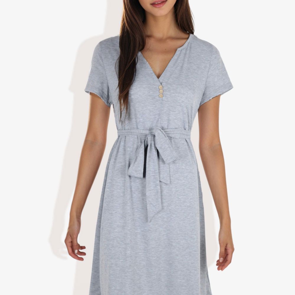 Button Detail Notched V-Neck Short Sleeve Belted Flared Tunic Dress