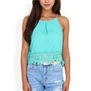 Green XL Sleeveless Crochet Hem Tank Top with Spaghetti Straps