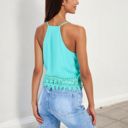 Green XL Sleeveless Crochet Hem Tank Top with Spaghetti Straps