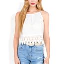 White Medium Sleeveless Crochet Hem Tank Top with Spaghetti Straps