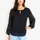 Black Large Long Sleeve Polka Dot Chiffon Blouse With Tie Neck