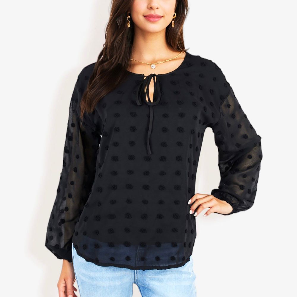 Long Sleeve Polka Dot Chiffon Blouse With Tie Neck