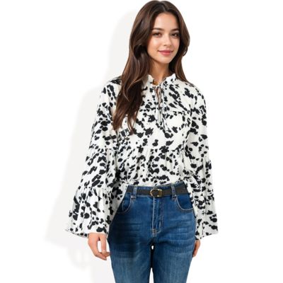 Long Sleeve Ruffle Trim Tiered Blouse with Bow Tie Neckline and Bell Sleeves Casual Top