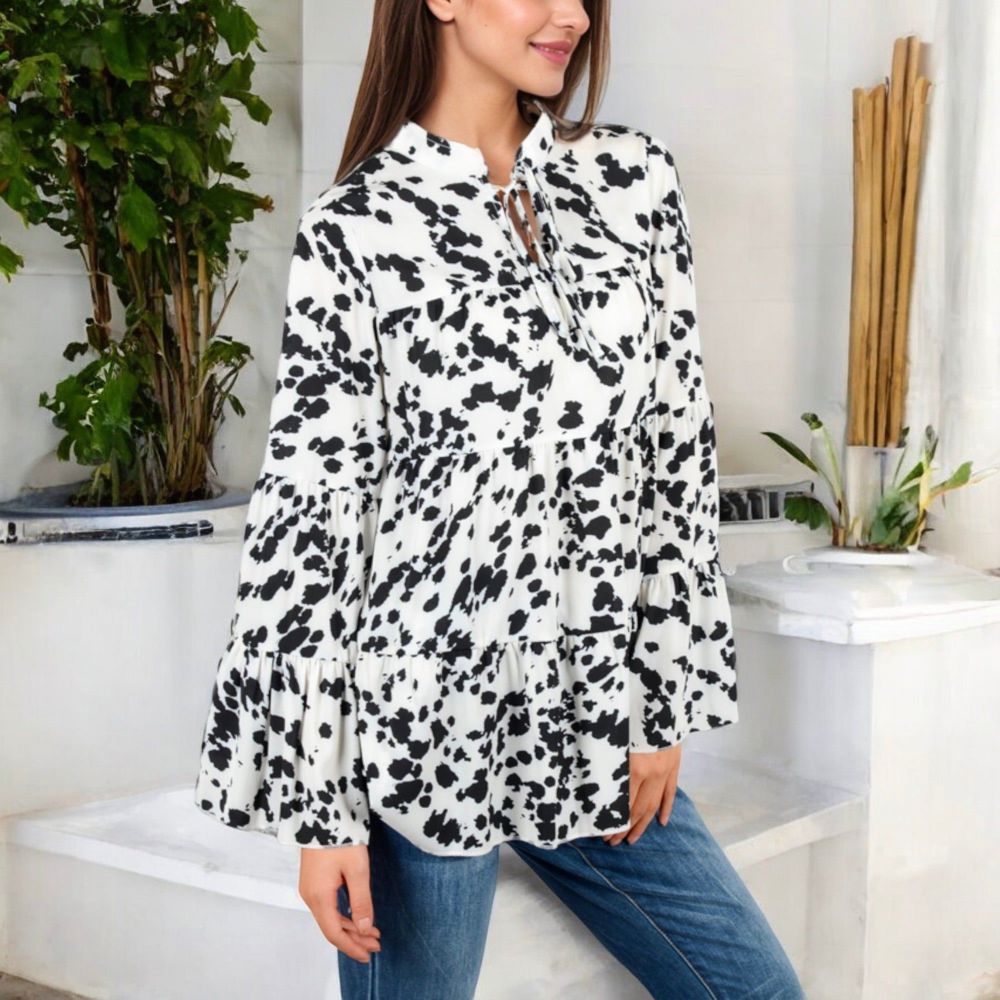 Long Sleeve Ruffle Trim Tiered Blouse with Bow Tie Neckline and Bell Sleeves Casual Top