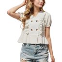  Puffed Short Sleeve Button Down Detail Blouse