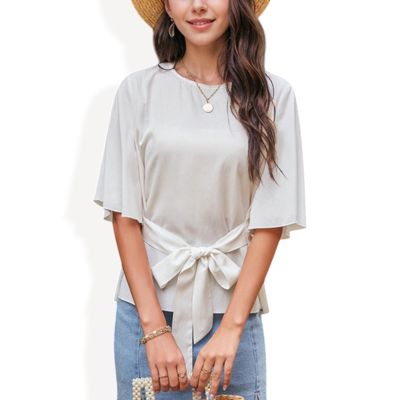 Flutter Sleeve Top with Waist Tie and Round Neckline