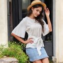 White Small Flutter Sleeve Top with Waist Tie and Round Neckline