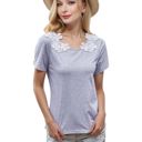 Gray Large Round Neck Short SLeeve Floral Crochet Detail Layering T-Shirt