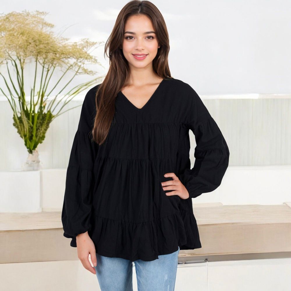 V-Neck Tiered Babydoll Top with Long Puff Sleeves