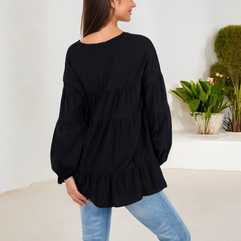 V-Neck Tiered Babydoll Top with Long Puff Sleeves