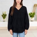 Black Large V-Neck Tiered Babydoll Top with Long Puff Sleeves