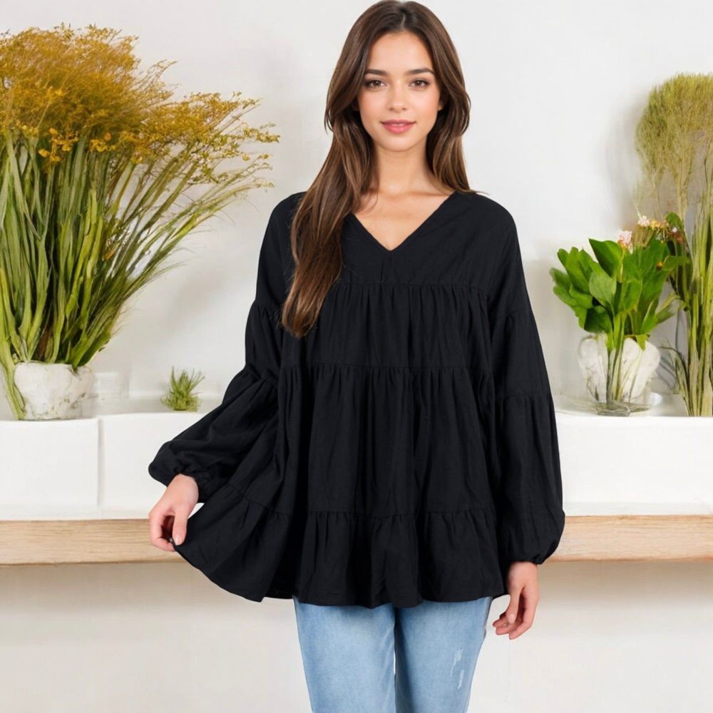 V-Neck Tiered Babydoll Top with Long Puff Sleeves