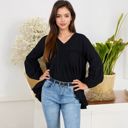 Black Small V-Neck Tiered Babydoll Top with Long Puff Sleeves