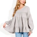 Gray Large V-Neck Tiered Babydoll Top with Long Puff Sleeves