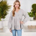 Gray Large V-Neck Tiered Babydoll Top with Long Puff Sleeves