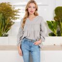 Gray Large V-Neck Tiered Babydoll Top with Long Puff Sleeves