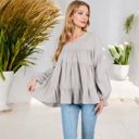 Gray Large V-Neck Tiered Babydoll Top with Long Puff Sleeves