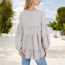 Gray Large V-Neck Tiered Babydoll Top with Long Puff Sleeves