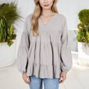 Gray Large V-Neck Tiered Babydoll Top with Long Puff Sleeves