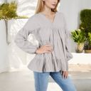 Gray Large V-Neck Tiered Babydoll Top with Long Puff Sleeves