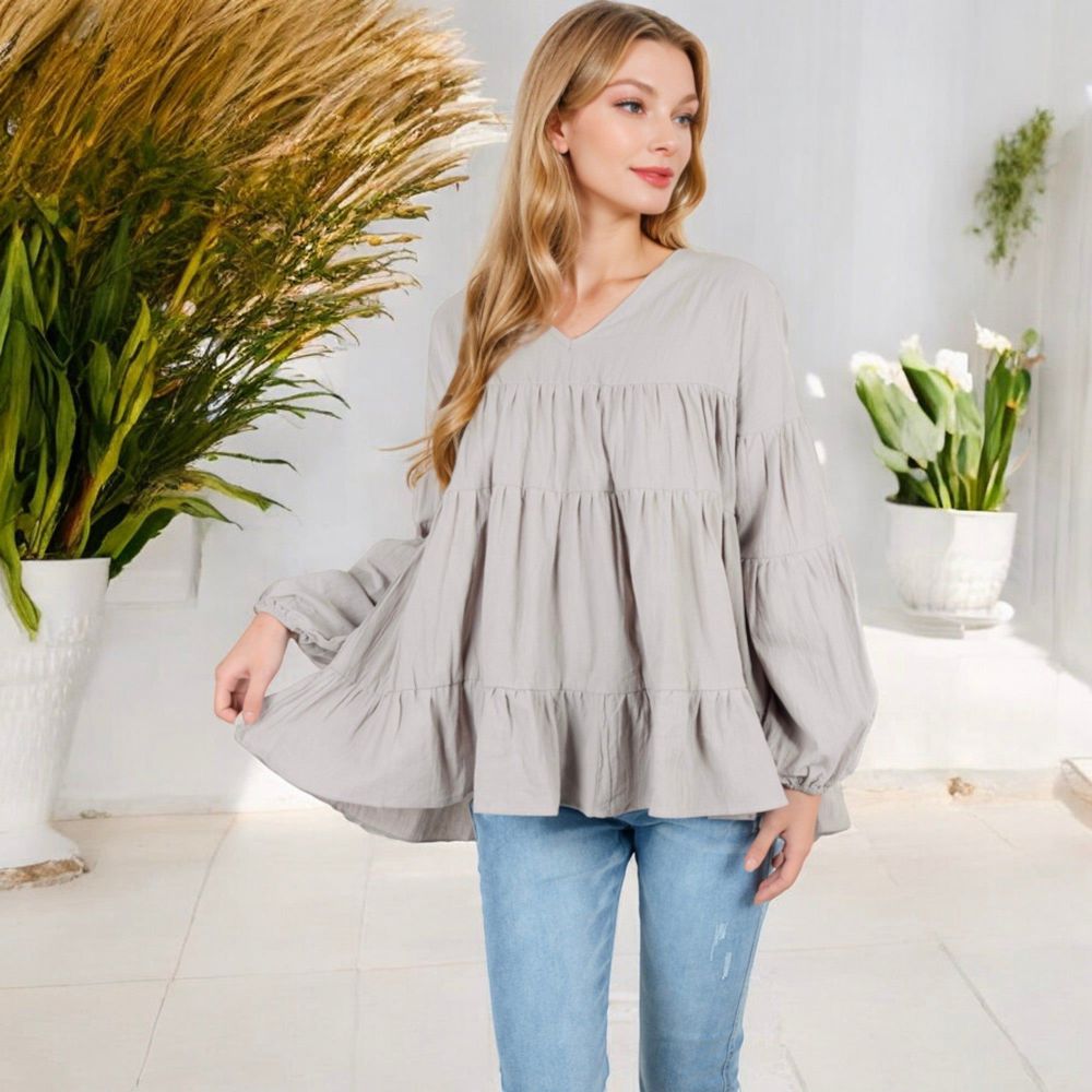 V-Neck Tiered Babydoll Top with Long Puff Sleeves