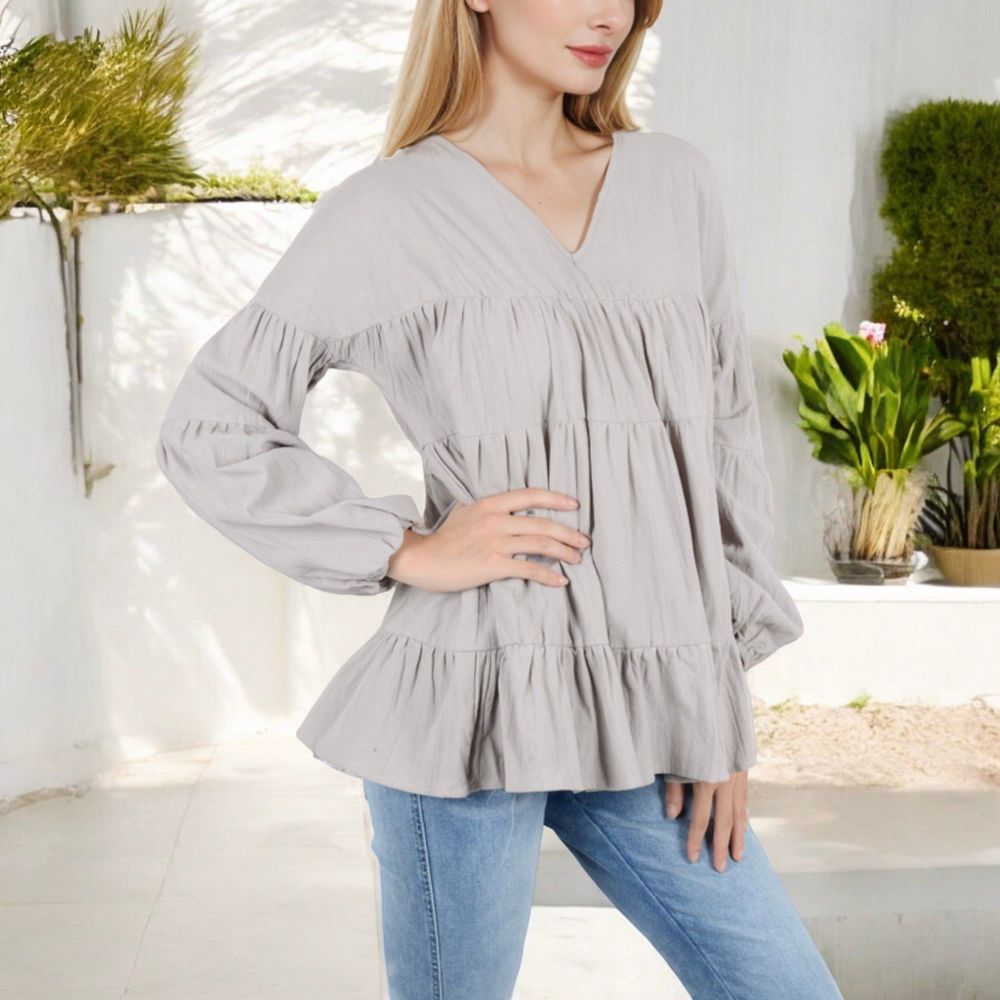 V-Neck Tiered Babydoll Top with Long Puff Sleeves