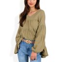 Green Large V-Neck Tiered Babydoll Top with Long Puff Sleeves