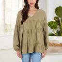 Green Large V-Neck Tiered Babydoll Top with Long Puff Sleeves