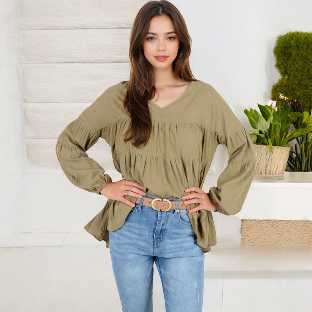 V-Neck Tiered Babydoll Top with Long Puff Sleeves