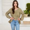 Green Large V-Neck Tiered Babydoll Top with Long Puff Sleeves