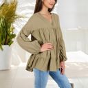 Green Large V-Neck Tiered Babydoll Top with Long Puff Sleeves