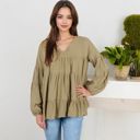 Green Large V-Neck Tiered Babydoll Top with Long Puff Sleeves