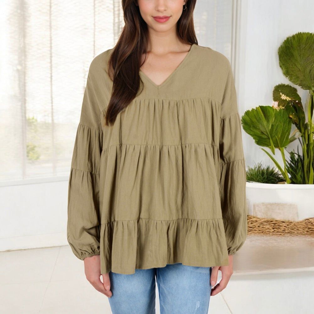 V-Neck Tiered Babydoll Top with Long Puff Sleeves