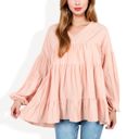 Pink Large V-Neck Tiered Babydoll Top with Long Puff Sleeves