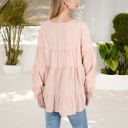 Pink Large V-Neck Tiered Babydoll Top with Long Puff Sleeves