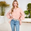 Pink Large V-Neck Tiered Babydoll Top with Long Puff Sleeves