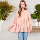 Pink Large V-Neck Tiered Babydoll Top with Long Puff Sleeves