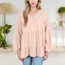 Pink Large V-Neck Tiered Babydoll Top with Long Puff Sleeves