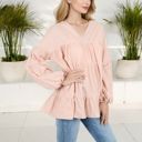 Pink Large V-Neck Tiered Babydoll Top with Long Puff Sleeves