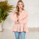 Pink Large V-Neck Tiered Babydoll Top with Long Puff Sleeves