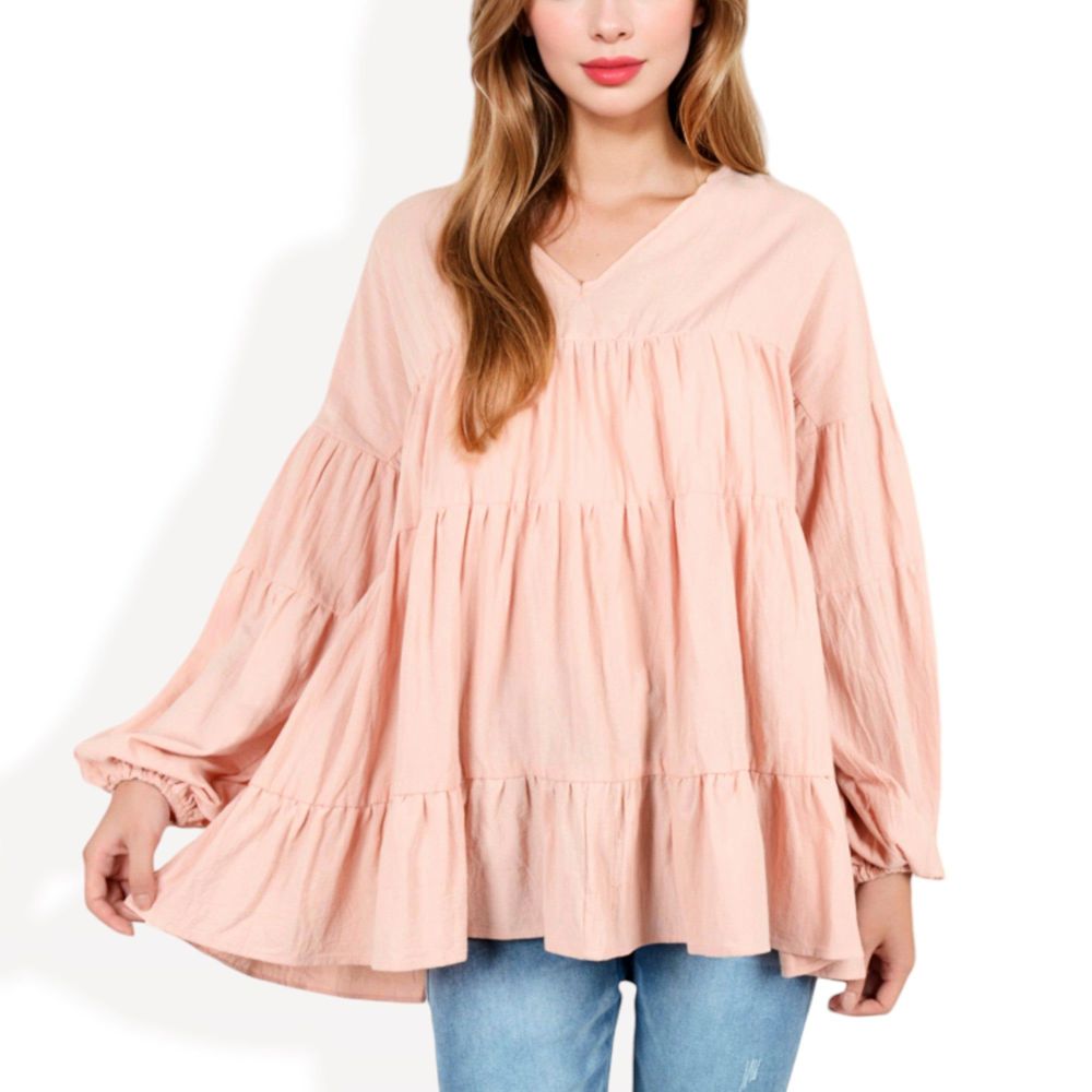 V-Neck Tiered Babydoll Top with Long Puff Sleeves