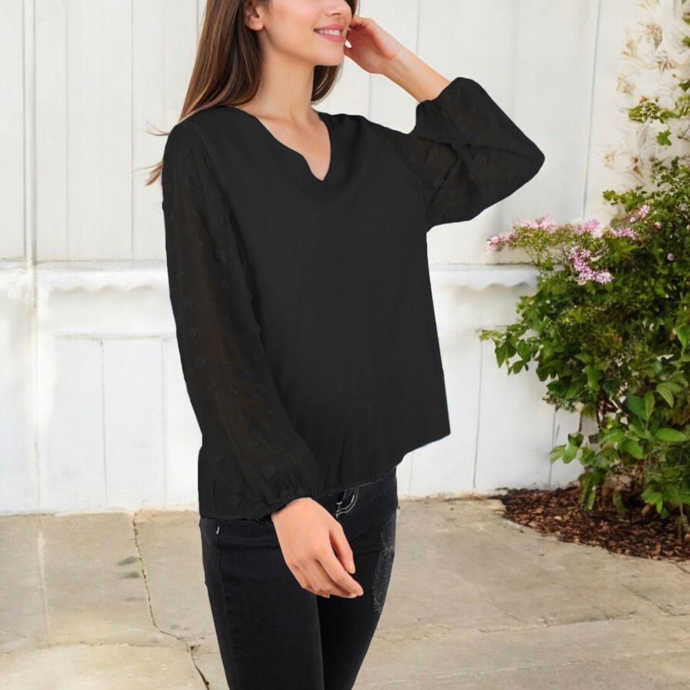 Sheer Sleeve V-Neck Blouse with Delicate Dot Embroidery