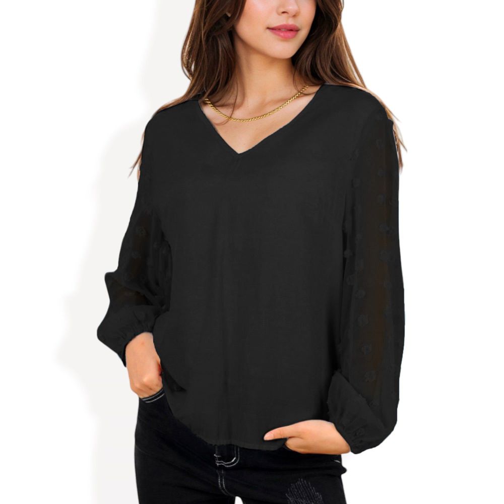 Sheer Sleeve V-Neck Blouse with Delicate Dot Embroidery