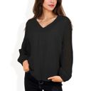 Black Medium Sheer Sleeve V-Neck Blouse with Delicate Dot Embroidery