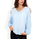 Blue Medium Sheer Sleeve V-Neck Blouse with Delicate Dot Embroidery