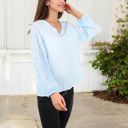 Blue Medium Sheer Sleeve V-Neck Blouse with Delicate Dot Embroidery