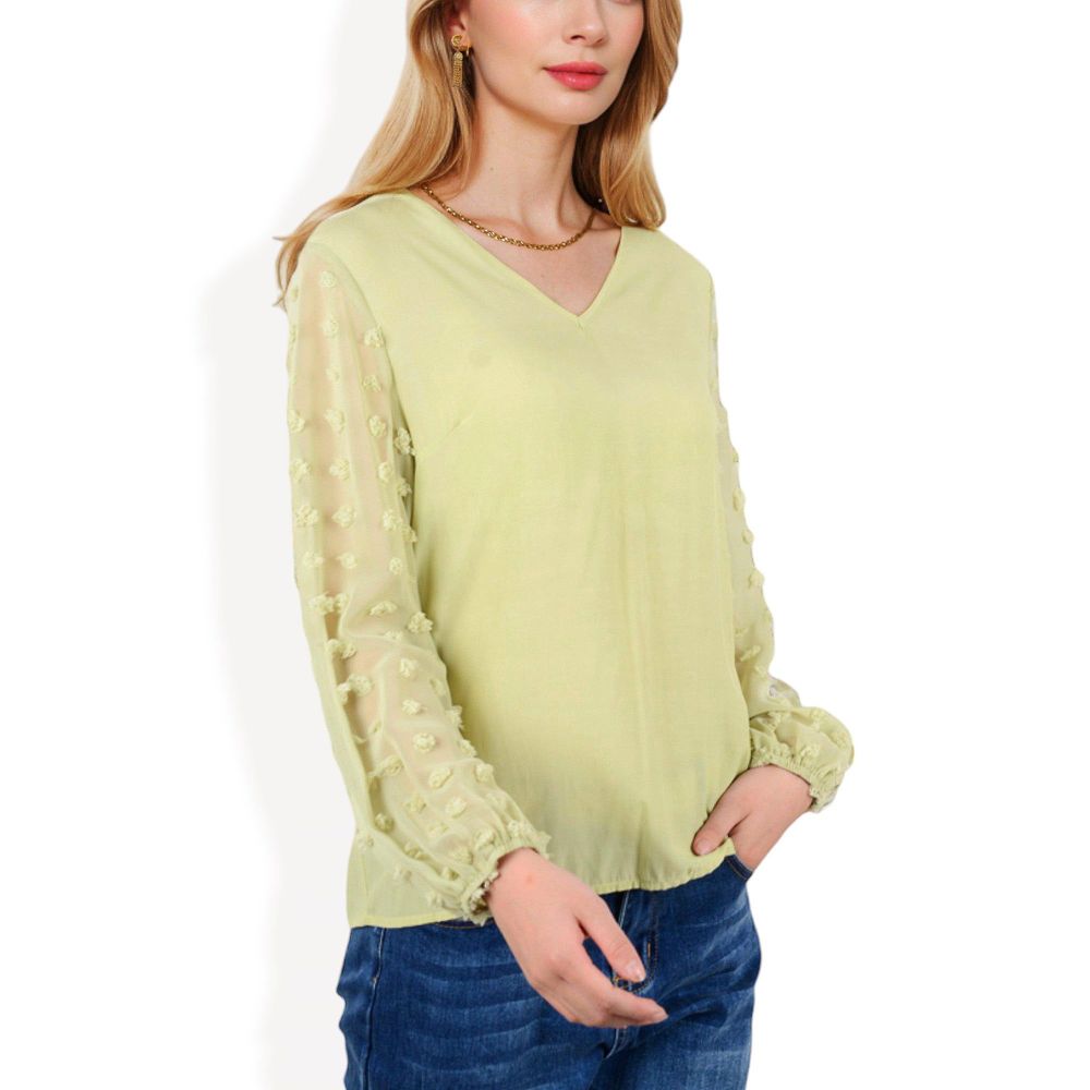 Sheer Sleeve V-Neck Blouse with Delicate Dot Embroidery