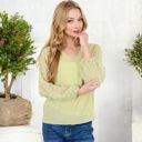 Green Large Sheer Sleeve V-Neck Blouse with Delicate Dot Embroidery