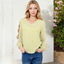 Green Large Sheer Sleeve V-Neck Blouse with Delicate Dot Embroidery